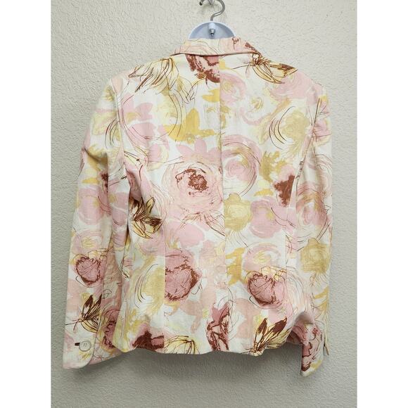Ann Taylor Pink Yellow Brown Floral Lined Blazer 12 Shoulder Pads Pockets Soft - Picture 5 of 7